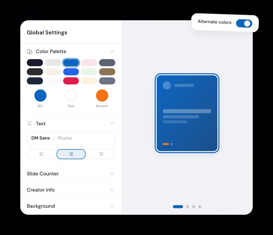 Global brand settings — colors, fonts and logo applied across the carousel