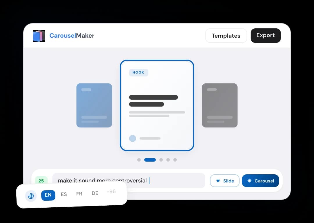 Carousel Maker editor turning a prompt into a slide carousel