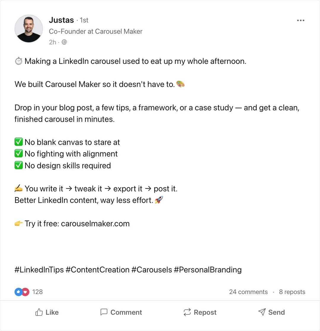 Example of a well-formatted LinkedIn post: a bold scroll-stopping hook, short scannable paragraphs, and a clean checklist with emoji markers.